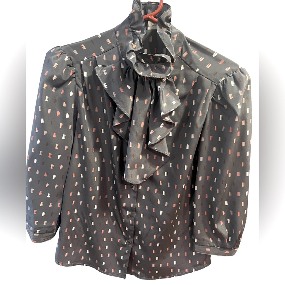 Vintage Brown/Beige/Cream Design on Dark Gray Blouse by Haberdasher.  Size=Small
